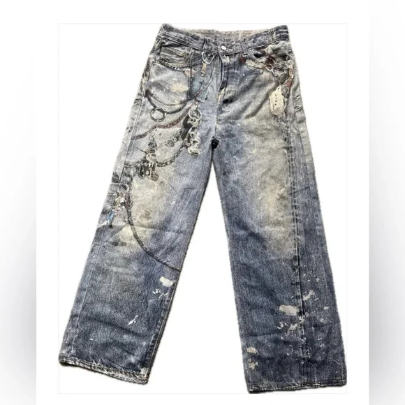 Streetwear Graphic Chain Print Wide Leg Jeans Men M 33 Boho Relaxed Denim NWT - Picture 11 of 13